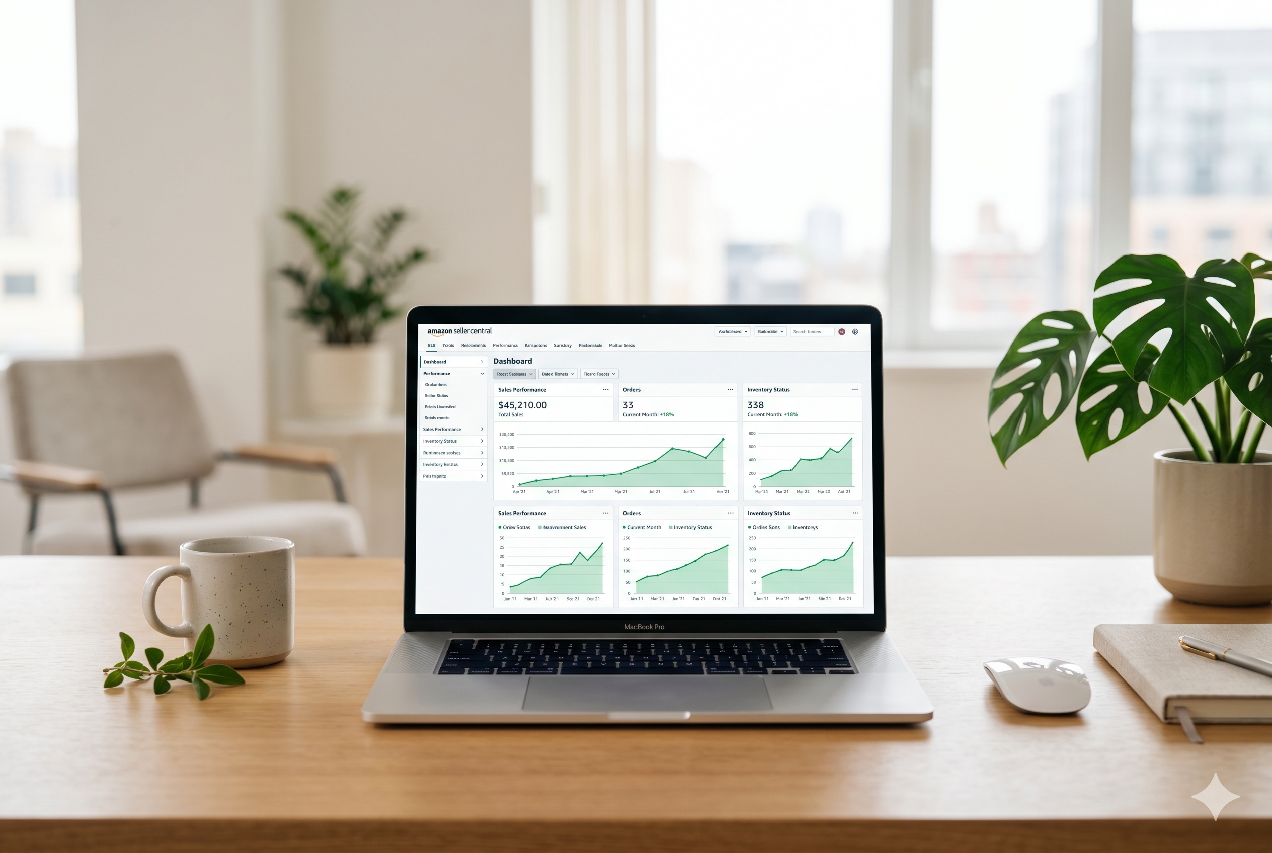 Amazon Seller Central dashboard on a laptop in a modern office